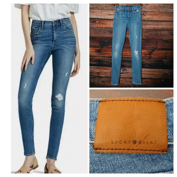 Lucky Brand Jeans Size 00 24 Bridgette Skinny Distressed Blue Denim Stretch - Picture 1 of 11